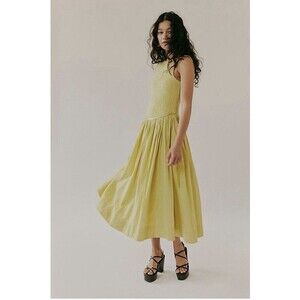 Free people Nightingale Seersucker Preppy Vacay Midi Dress Size SP Yellow New